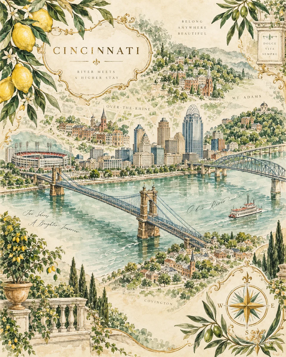 Watercolor interpretation of Cincinnati, the Ohio River and Roebling Bridge, framed by lemons, olive branches and classical details.