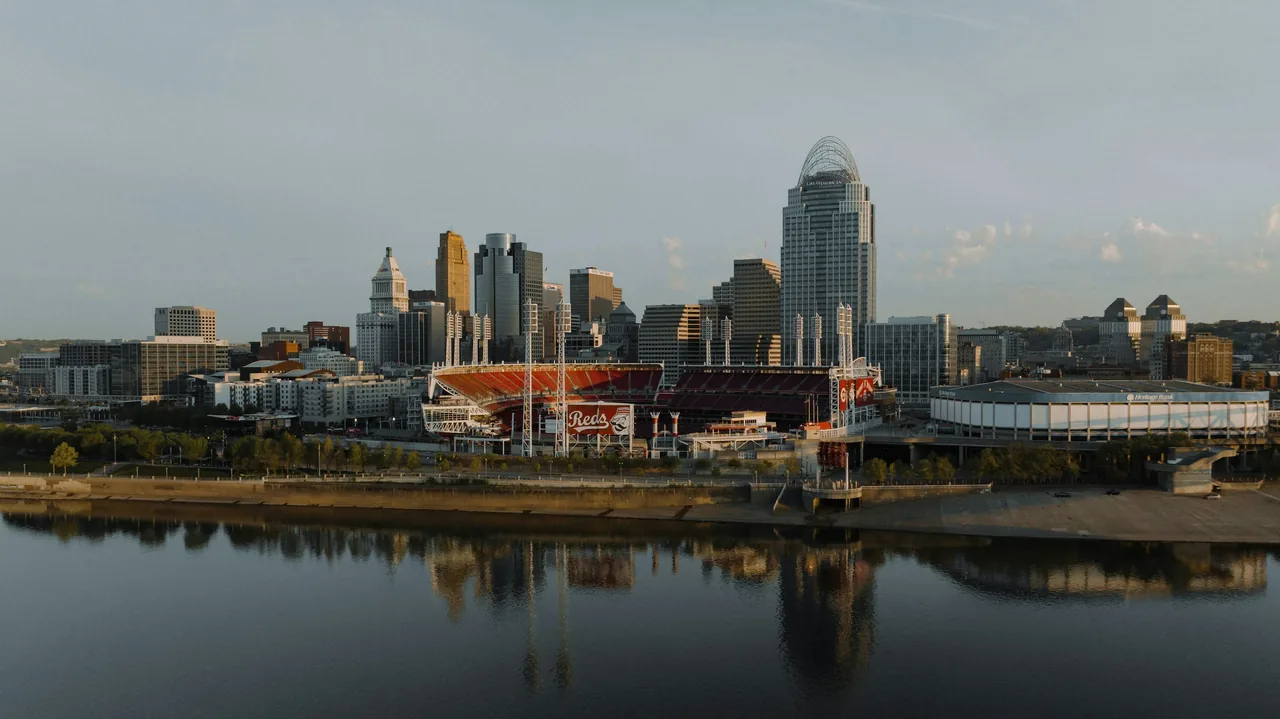 Cincinnati skyline reflected in the Ohio River.