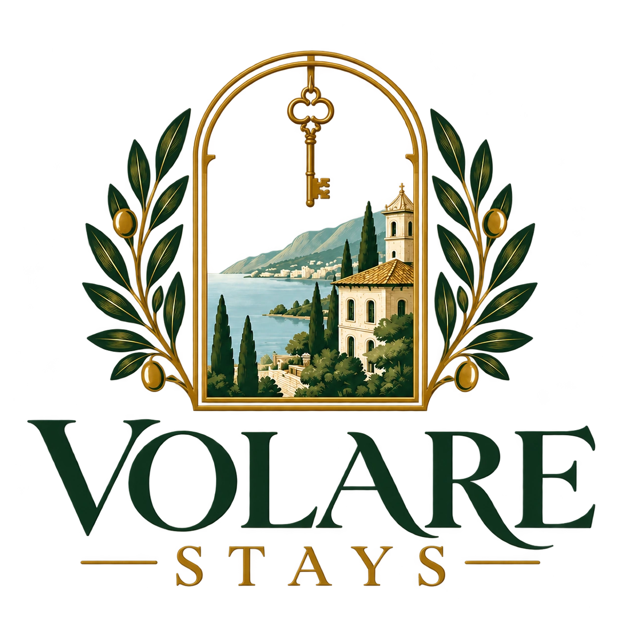 VOLARE STAYS — antique key, arch, and olive branch crest